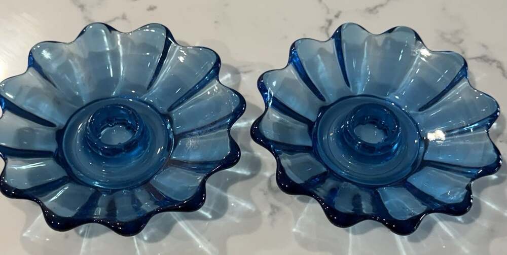 Pair Fostoria MCM Vintage cobalt glass petal candlestick holders